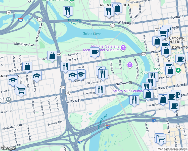 map of restaurants, bars, coffee shops, grocery stores, and more near 77 Mc Dowell Street in Columbus