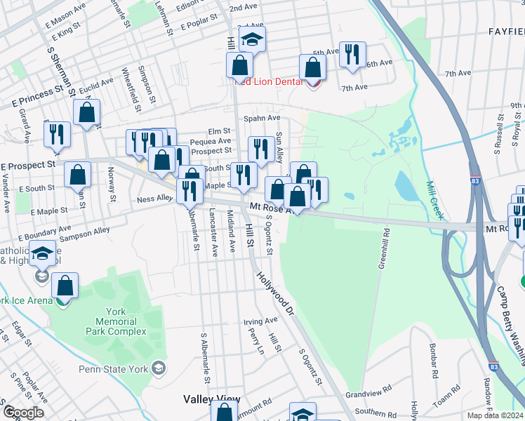 map of restaurants, bars, coffee shops, grocery stores, and more near 1342 Mount Rose Avenue in York