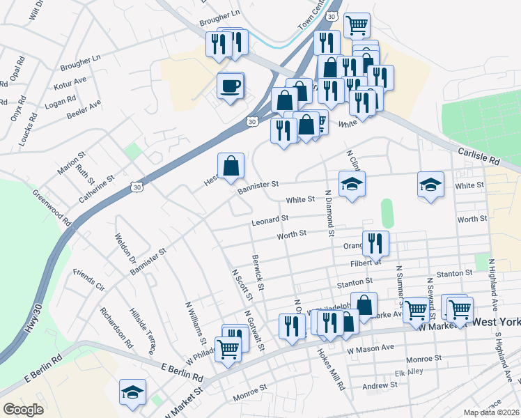 map of restaurants, bars, coffee shops, grocery stores, and more near 2005 Leonard Street in York