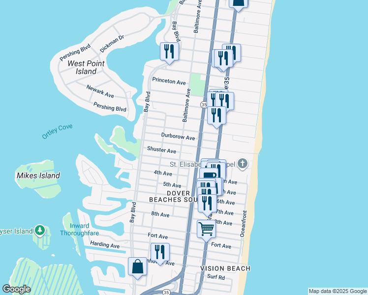map of restaurants, bars, coffee shops, grocery stores, and more near 219 Shuster Avenue in Seaside Heights