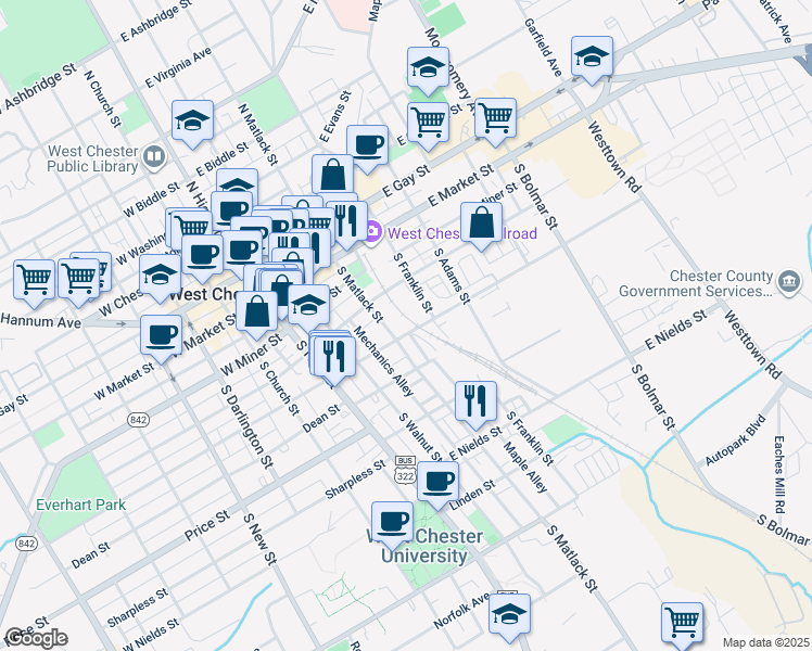 map of restaurants, bars, coffee shops, grocery stores, and more near 201 South Matlack Street in West Chester