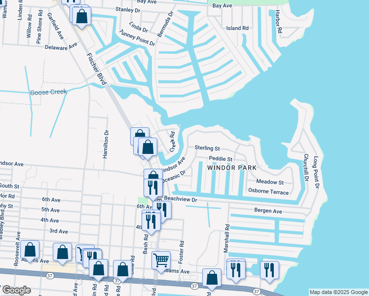 map of restaurants, bars, coffee shops, grocery stores, and more near 3148 Windsor Avenue in Toms River