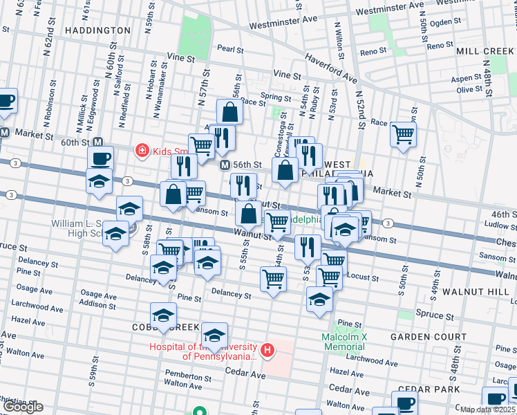 map of restaurants, bars, coffee shops, grocery stores, and more near 5448 Chestnut Street in Philadelphia