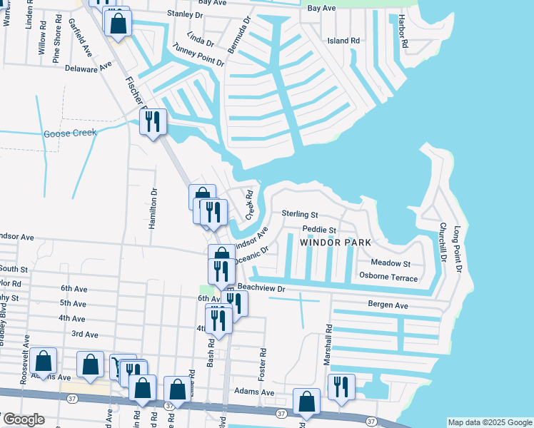 map of restaurants, bars, coffee shops, grocery stores, and more near 3148 Windsor Avenue in Toms River