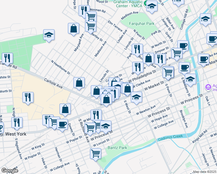 map of restaurants, bars, coffee shops, grocery stores, and more near 647 West Philadelphia Street in York