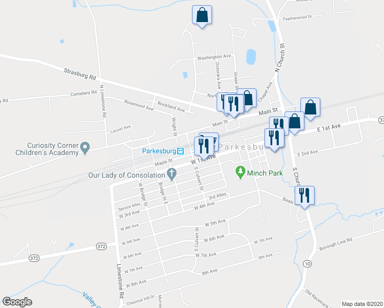 map of restaurants, bars, coffee shops, grocery stores, and more near 4 South Culvert Street in Parkesburg
