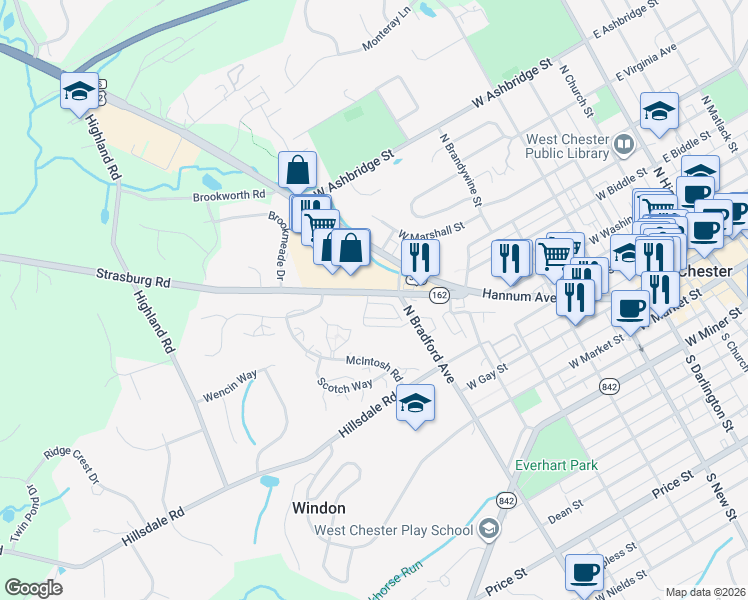 map of restaurants, bars, coffee shops, grocery stores, and more near 363 Star Tavern Lane in West Chester