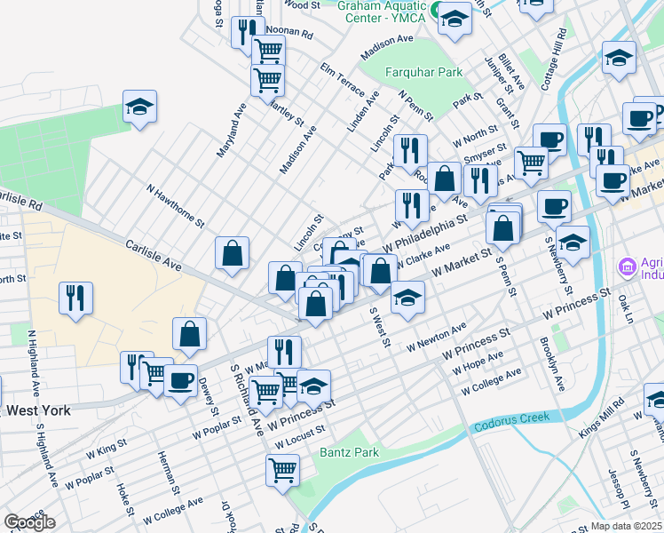 map of restaurants, bars, coffee shops, grocery stores, and more near 631 West Philadelphia Street in York