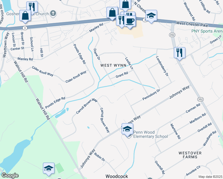 map of restaurants, bars, coffee shops, grocery stores, and more near 502 Diane Drive in West Chester
