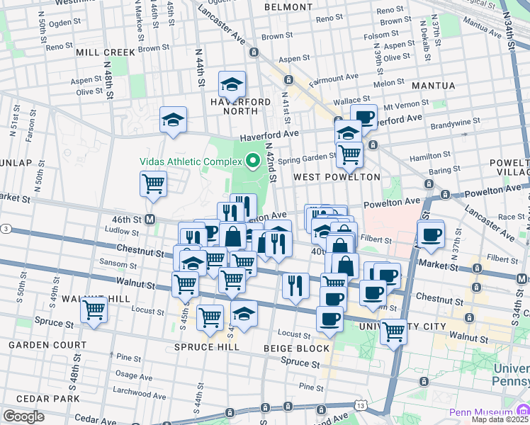 map of restaurants, bars, coffee shops, grocery stores, and more near 4222 Powelton Avenue in Philadelphia