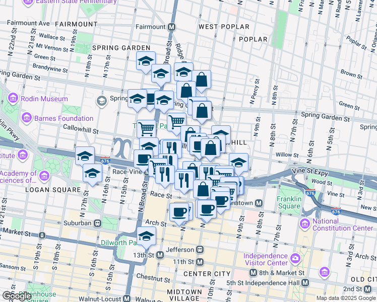 map of restaurants, bars, coffee shops, grocery stores, and more near 1215 Wood Street in Philadelphia