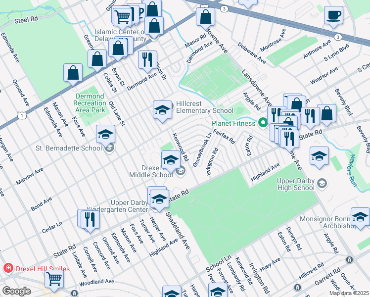 map of restaurants, bars, coffee shops, grocery stores, and more near 943 Fariston Drive in Drexel Hill