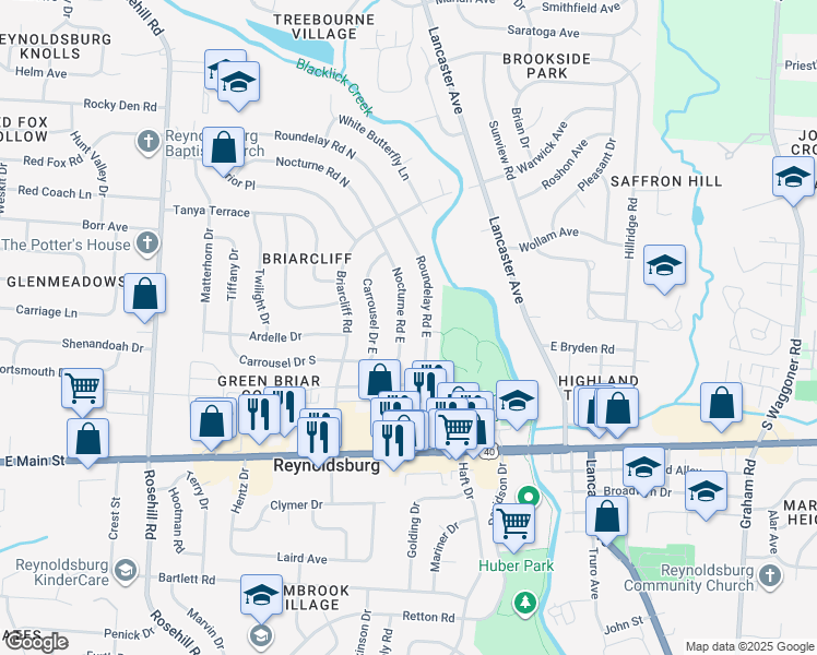 map of restaurants, bars, coffee shops, grocery stores, and more near 1170 Nocturne Road East in Reynoldsburg