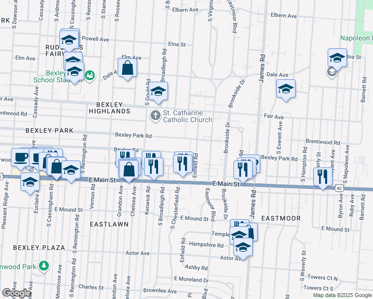 map of restaurants, bars, coffee shops, grocery stores, and more near 605 Enfield Road in Columbus