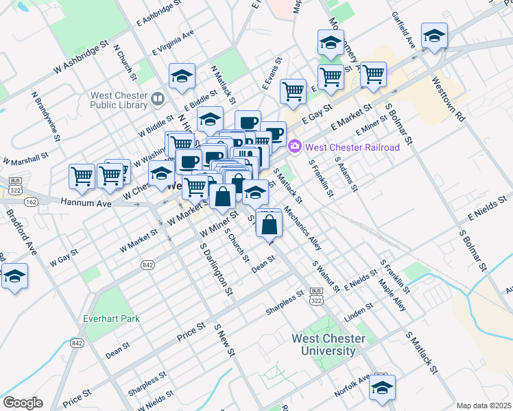 map of restaurants, bars, coffee shops, grocery stores, and more near 28 East Miner Street in West Chester
