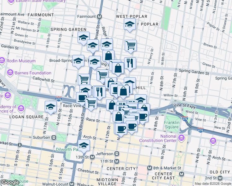 map of restaurants, bars, coffee shops, grocery stores, and more near 345 North 12th Street in Philadelphia