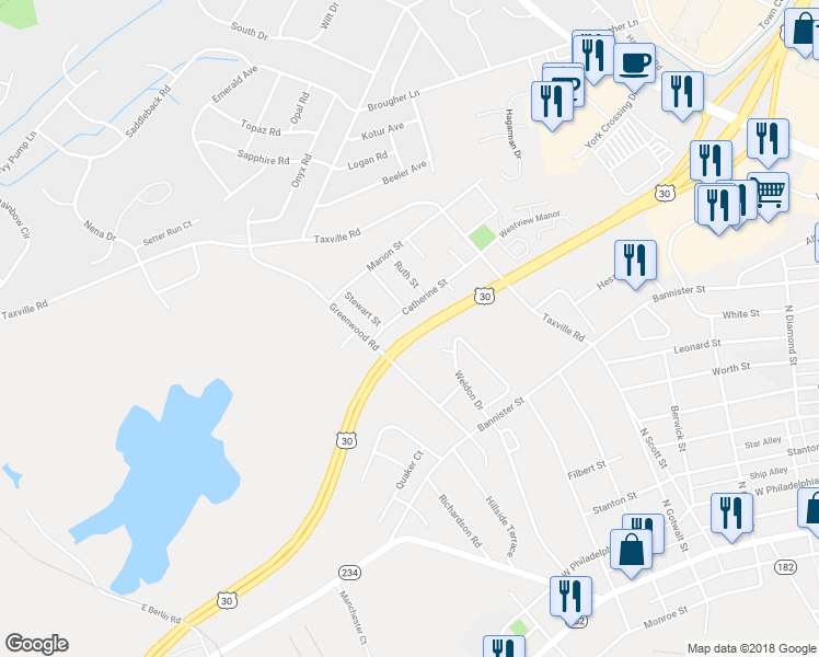 map of restaurants, bars, coffee shops, grocery stores, and more near 2400 Catherine Street in York
