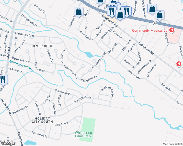 map of restaurants, bars, coffee shops, grocery stores, and more near 1038 North Edgebrook Drive in Toms River