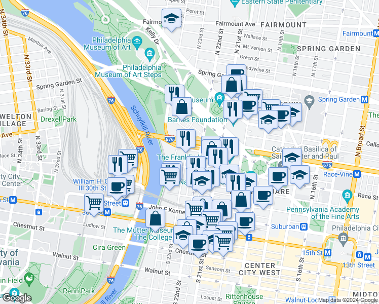 map of restaurants, bars, coffee shops, grocery stores, and more near 224 North 23rd Street in Philadelphia