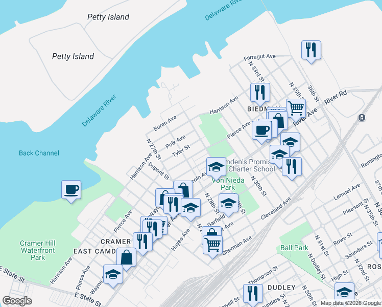 map of restaurants, bars, coffee shops, grocery stores, and more near 2823 Wayne Avenue in Camden