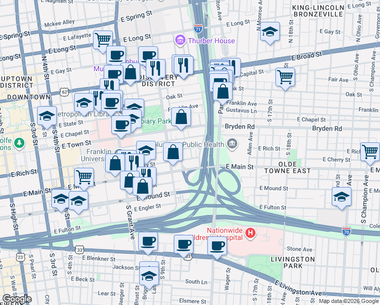 map of restaurants, bars, coffee shops, grocery stores, and more near 571 East Rich Street in Columbus