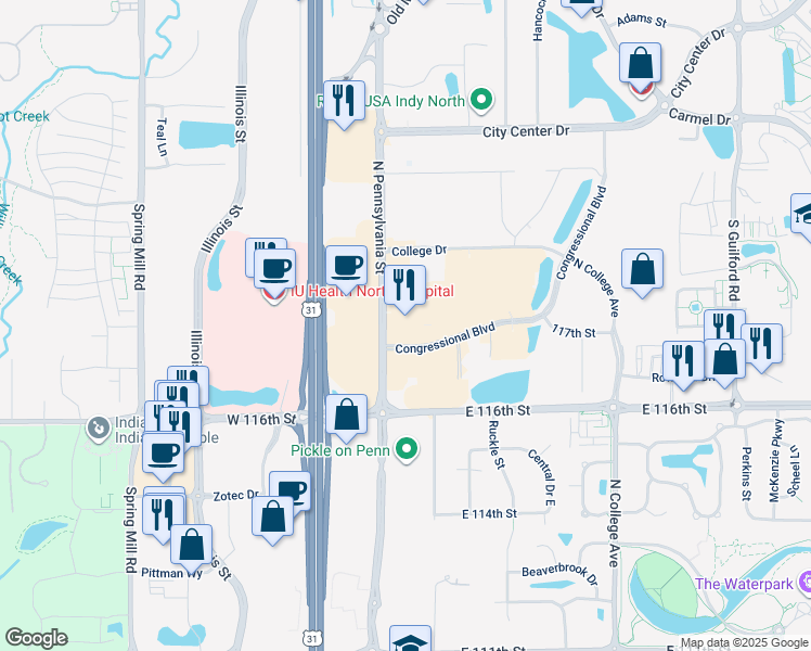 map of restaurants, bars, coffee shops, grocery stores, and more near 146-200 Congressional Blvd in Carmel