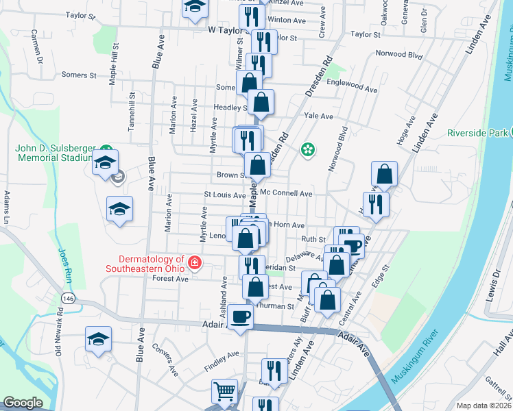 map of restaurants, bars, coffee shops, grocery stores, and more near 16 Stanton Avenue in Zanesville
