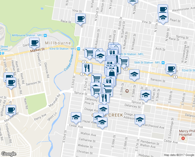 map of restaurants, bars, coffee shops, grocery stores, and more near 6104 Walnut Street in Philadelphia