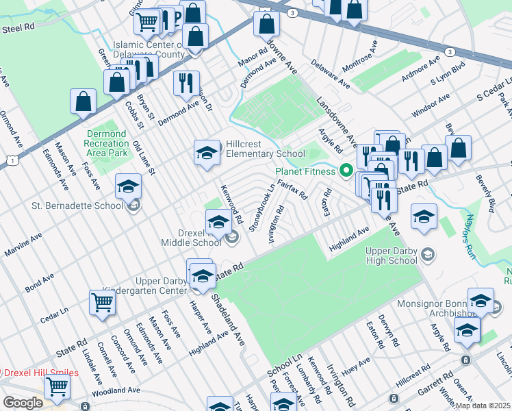 map of restaurants, bars, coffee shops, grocery stores, and more near 902 Fariston Drive in Drexel Hill