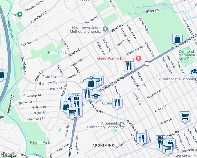 map of restaurants, bars, coffee shops, grocery stores, and more near 1213 Ellston Road in Havertown