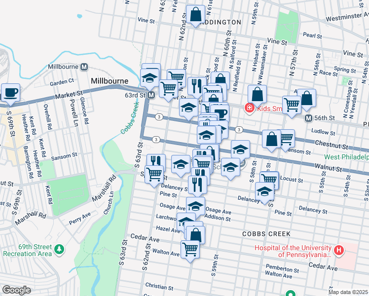 map of restaurants, bars, coffee shops, grocery stores, and more near 6104 Walnut Street in Philadelphia
