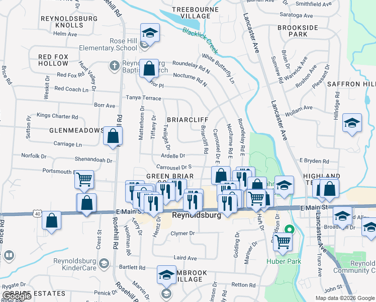 map of restaurants, bars, coffee shops, grocery stores, and more near 6917 Ardelle Drive in Reynoldsburg
