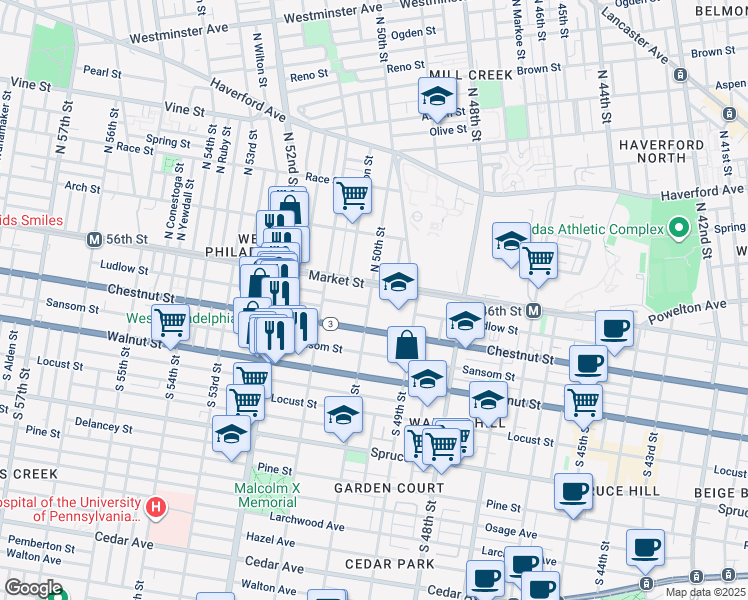 map of restaurants, bars, coffee shops, grocery stores, and more near 31-33 South 50th Street in Philadelphia