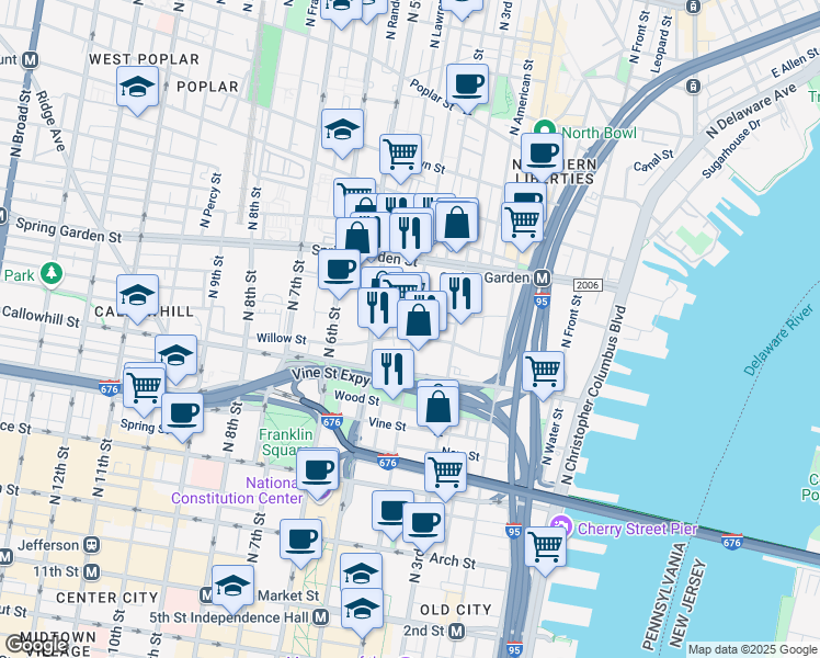 map of restaurants, bars, coffee shops, grocery stores, and more near 444 North 4th Street in Philadelphia