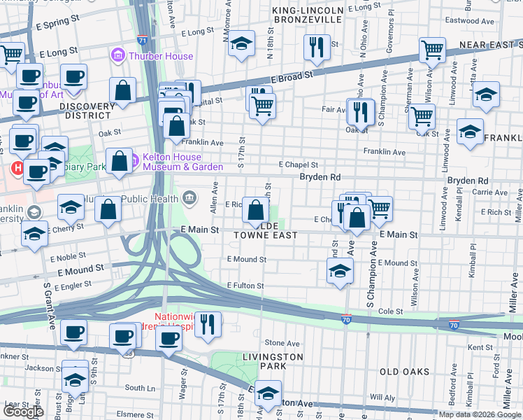map of restaurants, bars, coffee shops, grocery stores, and more near 833 East Cherry Street in Columbus