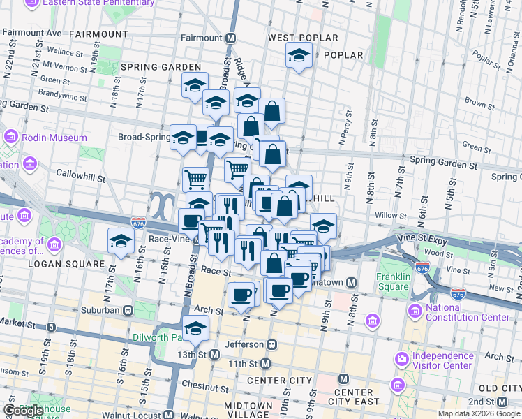 map of restaurants, bars, coffee shops, grocery stores, and more near 340 North 12th Street in Philadelphia