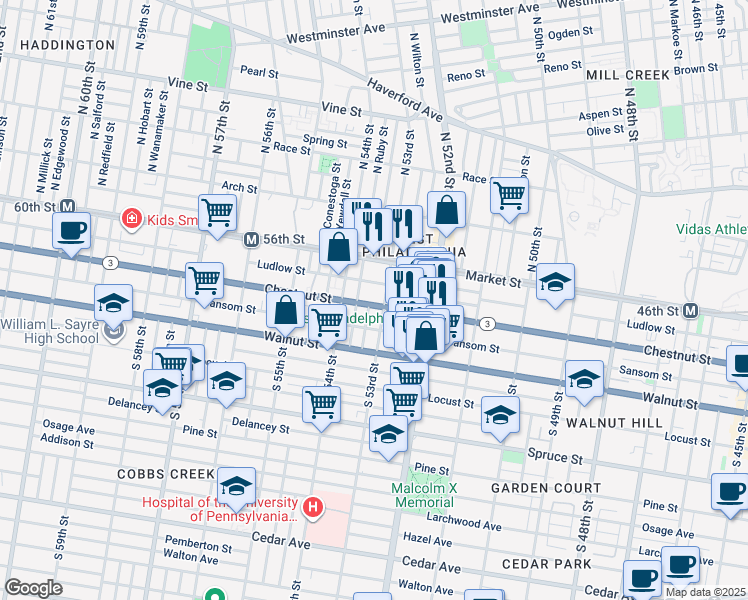 map of restaurants, bars, coffee shops, grocery stores, and more near 5313 Chestnut Street in Philadelphia
