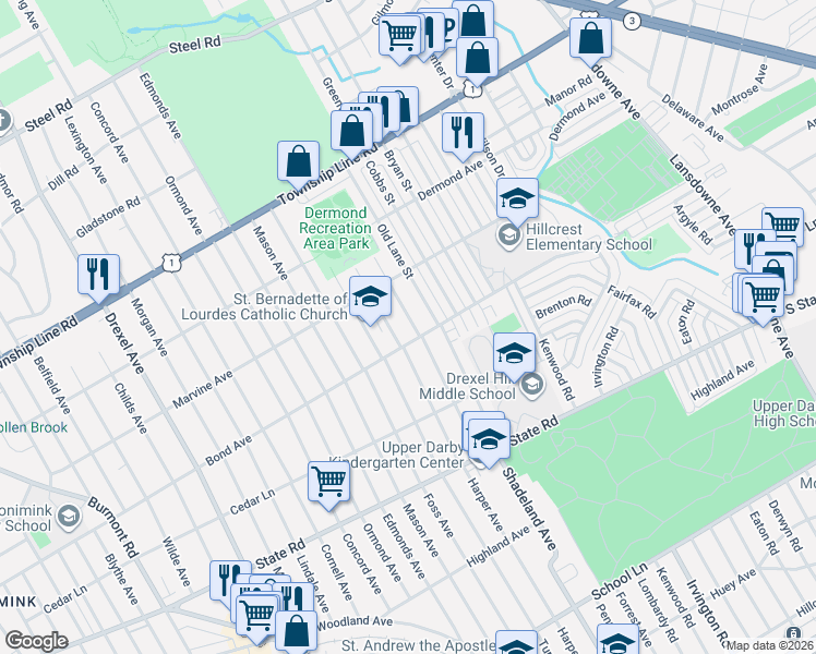 map of restaurants, bars, coffee shops, grocery stores, and more near 920 Shadeland Avenue in Drexel Hill