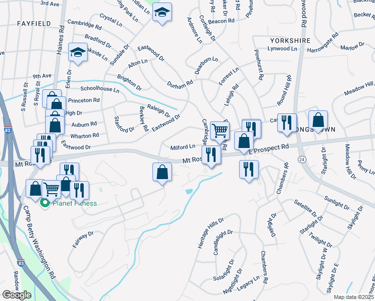 map of restaurants, bars, coffee shops, grocery stores, and more near 2705 Mount Rose Avenue in East York