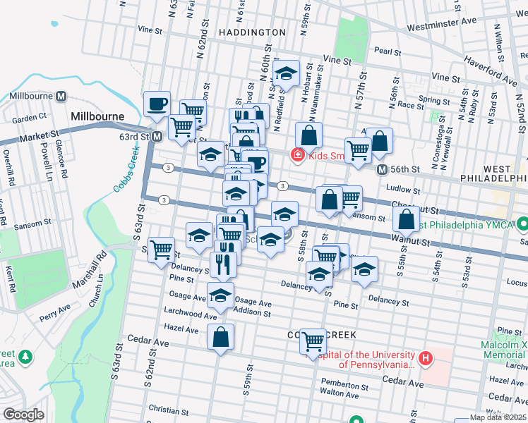 map of restaurants, bars, coffee shops, grocery stores, and more near 5915 Walnut Street in Philadelphia