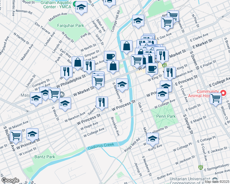 map of restaurants, bars, coffee shops, grocery stores, and more near 307 West King Street in York