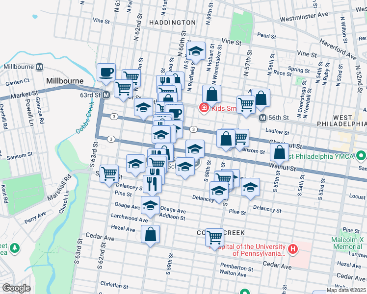 map of restaurants, bars, coffee shops, grocery stores, and more near 5909 Walnut Street in Philadelphia
