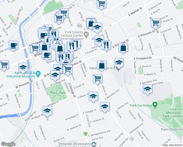 map of restaurants, bars, coffee shops, grocery stores, and more near 325 South Queen Street in York