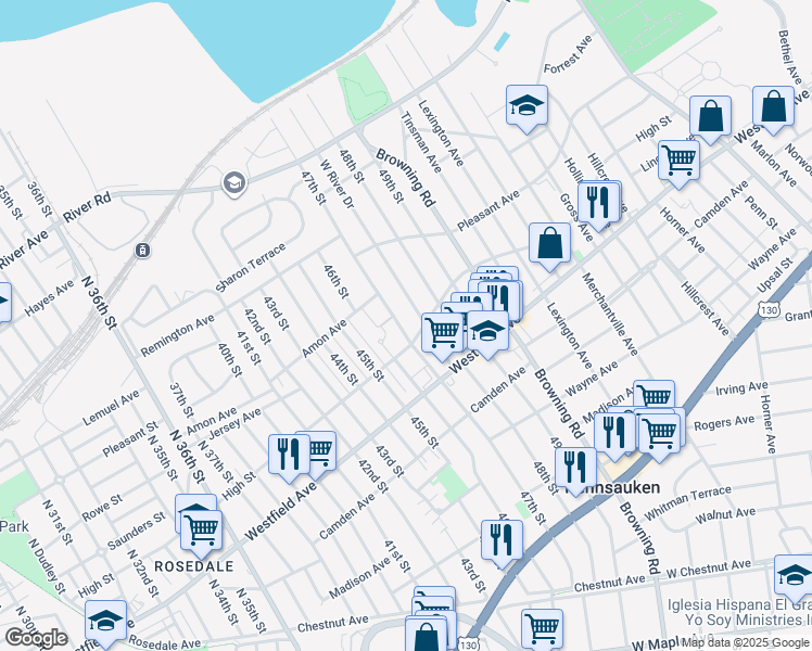 map of restaurants, bars, coffee shops, grocery stores, and more near 1871 47th Street in Pennsauken Township