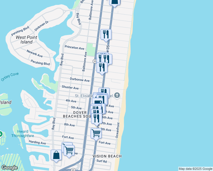 map of restaurants, bars, coffee shops, grocery stores, and more near 21 2nd Avenue in Seaside Heights
