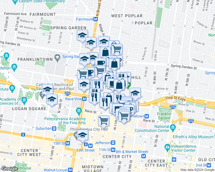 map of restaurants, bars, coffee shops, grocery stores, and more near in Philadelphia