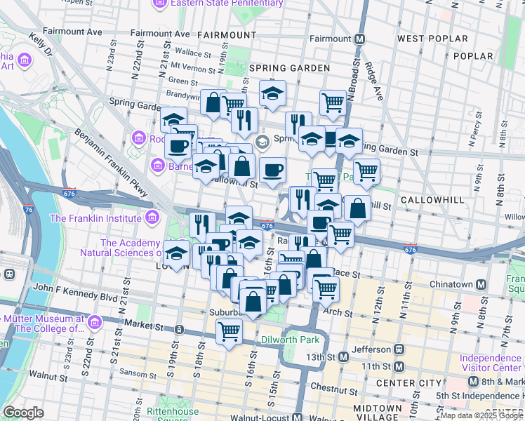 map of restaurants, bars, coffee shops, grocery stores, and more near 1601 Pearl Street in Philadelphia