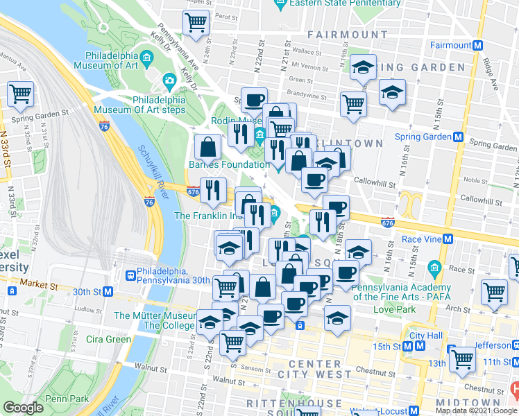 map of restaurants, bars, coffee shops, grocery stores, and more near 240 North 21st Street in Philadelphia