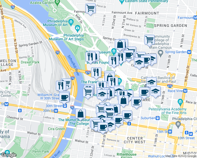 map of restaurants, bars, coffee shops, grocery stores, and more near 224 North 23rd Street in Philadelphia
