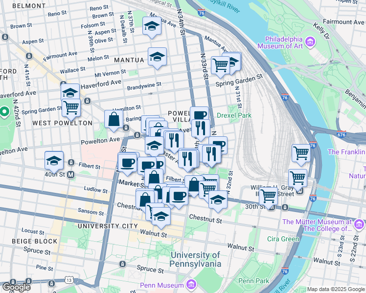 map of restaurants, bars, coffee shops, grocery stores, and more near 3416 Race Street in Philadelphia